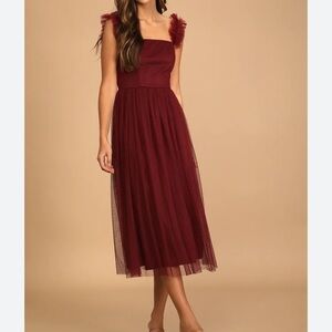 Lulu’s Divine Invitation Burgundy Tulle Swiss Dot Ruffled Midi Dress XS